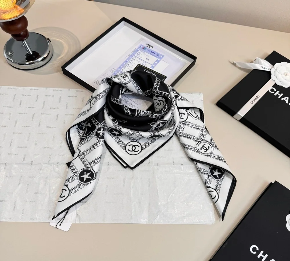 Chanel Chain & CC Logo Silk Scarf (Black & White)